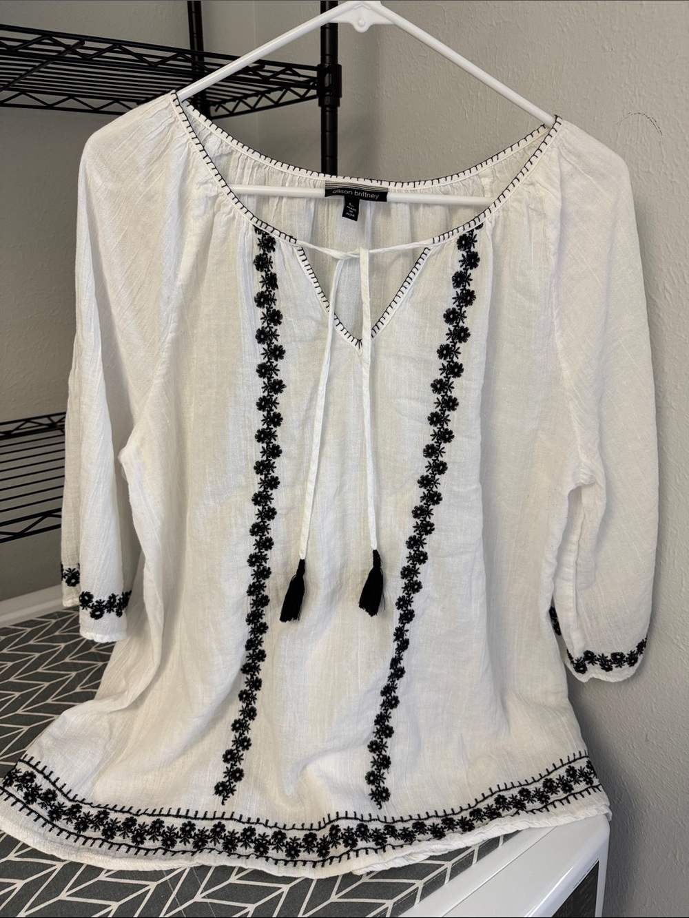 Allison Brittney White Peasant Top with Black Floral Embroidery